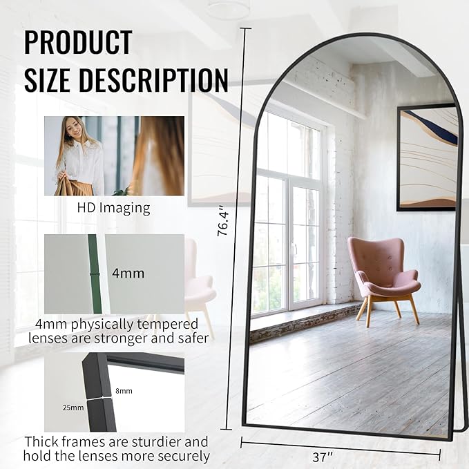 Beauty4U 76" x 37" Arched Full Length Mirror with Stand, Large Floor Mirror for Bedroom & Living Room, HD Tempered Glass Wall Mounted or Leaning Dressing Mirror, Black Metal Frame
