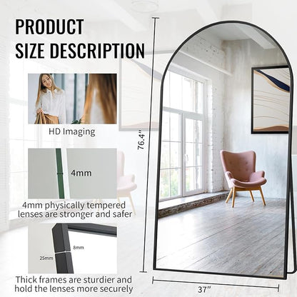 Beauty4U 76" x 37" Arched Full Length Mirror with Stand, Large Floor Mirror for Bedroom & Living Room, HD Tempered Glass Wall Mounted or Leaning Dressing Mirror, Black Metal Frame