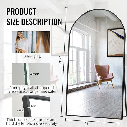 Beauty4U 76" x 37" Arched Full Length Mirror with Stand, Large Floor Mirror for Bedroom & Living Room, HD Tempered Glass Wall Mounted or Leaning Dressing Mirror, Black Metal Frame