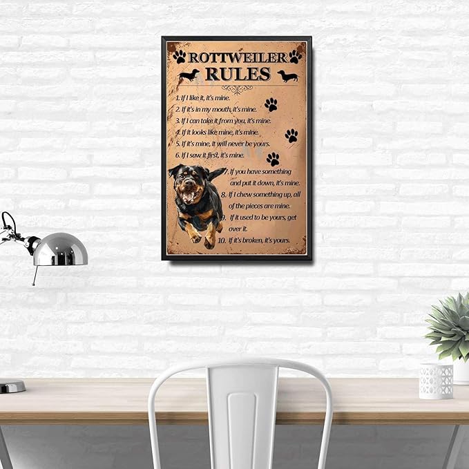 Metal Sign Tin Sign Vintage Wall Art Rottweiler Rules Sign for Garden for Bar 8×12 Inches with Metal Frame