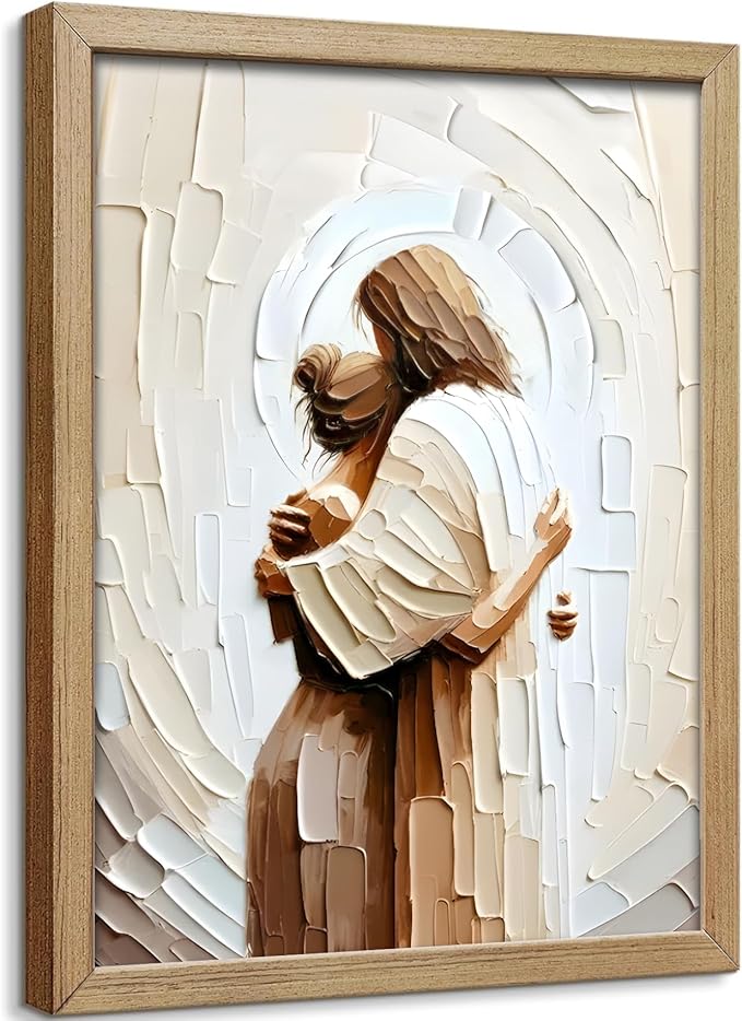 Framed Jesus Hugging Woman Canvas Wall Art God & Girl Wall Decor Safe in His Arms Pictures Modern Christian Healing Embrace Mormon Prints Posters Artwork for Living & Prayer Room Bedroom Decor 8x10in