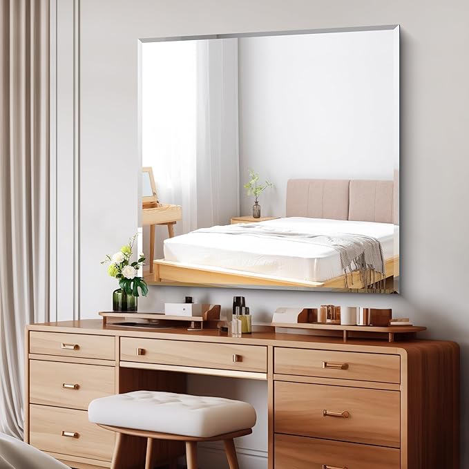 CILIBER Beveled Mirror, 42x42 Inch Frameless Bathroom Mirrors for Wall, 3mm Tempered Glass, Upgraded Shatterproof Square Vanity Mirror Over Sink for Bathroom, Bedroom, Living Room and Entryway