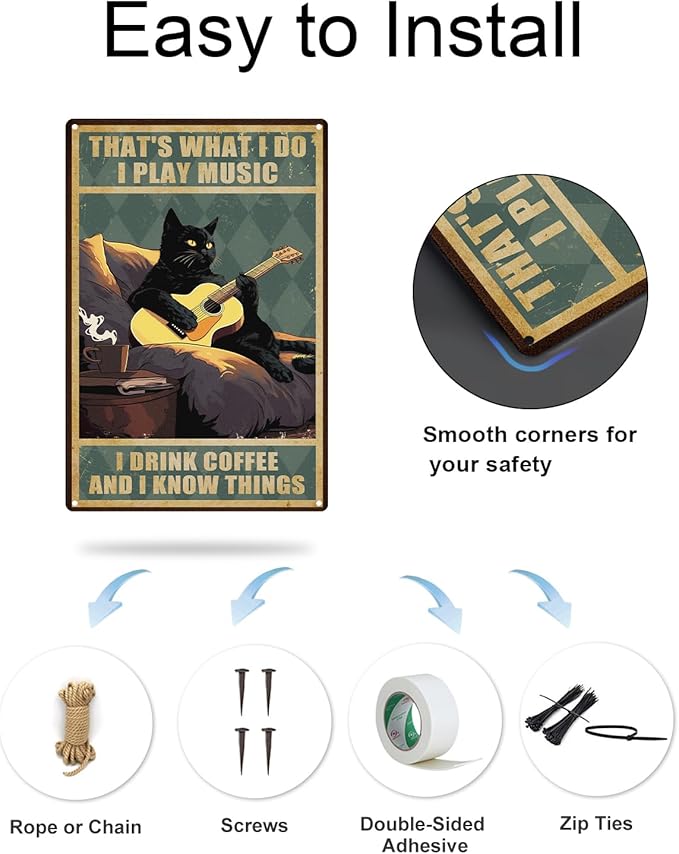 ALKB Guitar Art Black Cat Sign - Thats What I Do I Play Guitar and I Know Things 8x12 Inch - Guitar Player Gift Ideas