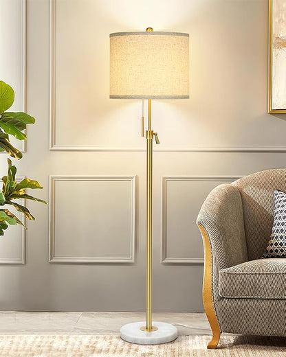 Qingmiao Modern Floor Lamp for Living Room, Adjustable Height Standing Lamp with Marble Base, Gold Tall Pole Light with Linen Shade for Reading Bedroom, Chain Switch, 8W 3-Way Dimmable Bulb Included