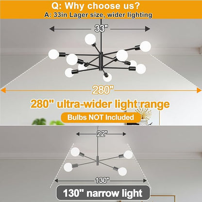10.9"-52.3" Height Adjustable Sputnik Chandeliers Dining Room Light Fixture (10-Light, 32-Inch), Modern Black Chandelier, Mid Century Modern Chandeliers for Dining Room Kitchen (Bulbs Not Included)