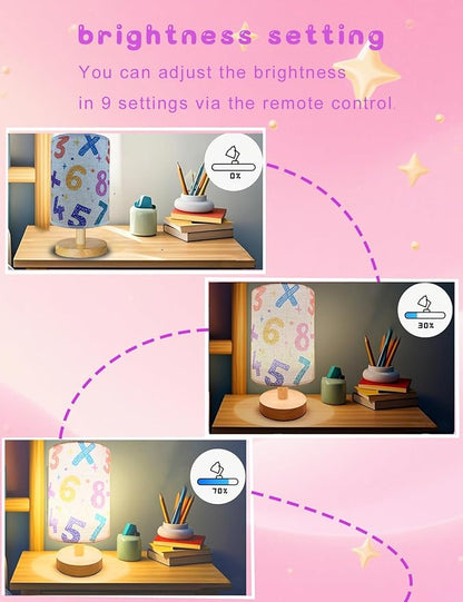 Kids Table Lamp, Small Bedside Lamp, 3 Color Changing LED Night Light with 9 Brightness Levels Wood Nightstand Desk Base Flaxen Fabric Shade for Bedroom Living Room (Colored Numbers)