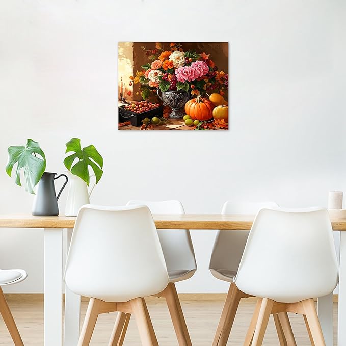 LB Vintage Kitchen Wall Art Pink and White Flower and Orange Pumpkin Floral Canvas Wall Art Modern Aesthetic Wall Decor for Living Room Restaurant Home Decoration Framed Ready to Hang 12L x 16W