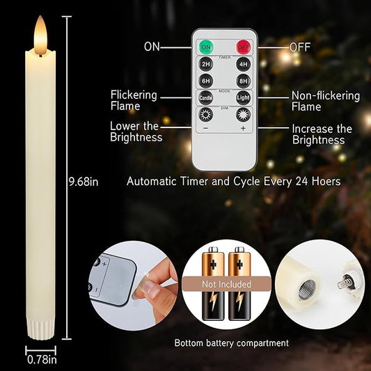 JOIONE Flameless Taper Candles with Remote, 2 Pack Real Wax LED Battery Operated Candle with Flickering Flame, Safe Home Décor for Living Room, Bedroom, and Dining Table, Wax Ivory