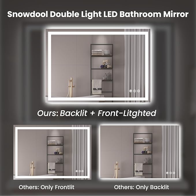 Snowdool 32"X32" LED Bathroom Mirror with Front Lights and Backlit, Anti-Fog, Dimmable, Shatter-Proof Tempered Glass, Lighted Bathroom Vanity Mirror for Wall with 3 Colors, Memory Function