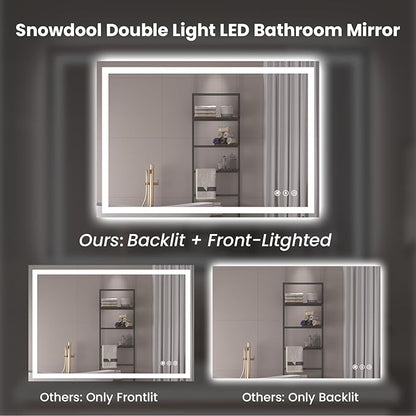 Snowdool 40"X30" LED Bathroom Mirror with Front Lights and Backlit, Anti-Fog, Dimmable, Shatter-Proof Tempered Glass, Lighted Bathroom Vanity Mirror for Wall with 3 Colors, Memory Function