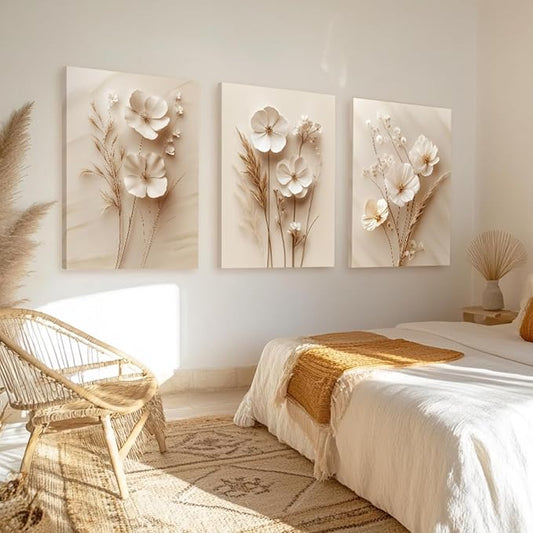 GELDSTEI Neutral Simple Beige Floral Canvas Wall Art, Modern Minimalist Botanical Wall Decor, Vintage Beige Flower Poster Prints for Living Room Bedroom Farmhouse Framed Set of 3, Each 16x24 Inch