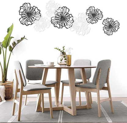 7 Piece Metal Wall Decor for Living Room, Boho Double Layered Iron Flower Wall Hanging Art, Aesthetic Indoor Metal Wall Sculpture Decor for Bedroom Kitchen Bathroom Farmhouse Home Office, Black-White