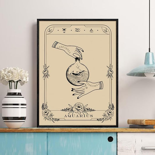SERIMINO Witchy Framed Wall Art, Aquarius Tarot Canvas Prints Paintings, Horoscope Dark Academia Home Decor Aesthetic, 12X16inch Gothic Wall Decor for Room