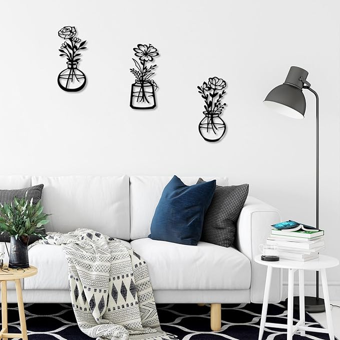 ARTINME 3 Pieces Metal Flowers Wall Arts - Rustic Farmhouse Decor Minimalist Flower Wall Decors for Living Room Bathroom Kitchen Bedroom Dining Room - Housewarming Gifts (Black)