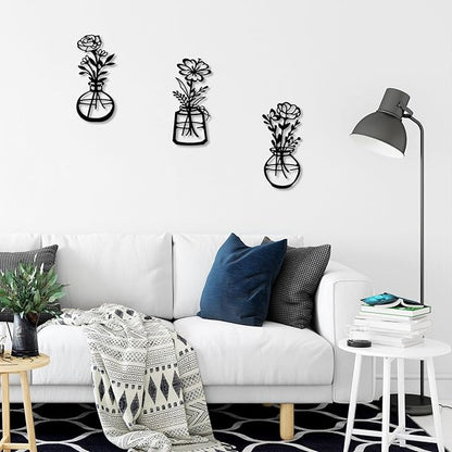 ARTINME 3 Pieces Metal Flowers Wall Arts - Rustic Farmhouse Decor Minimalist Flower Wall Decors for Living Room Bathroom Kitchen Bedroom Dining Room - Housewarming Gifts (Black)