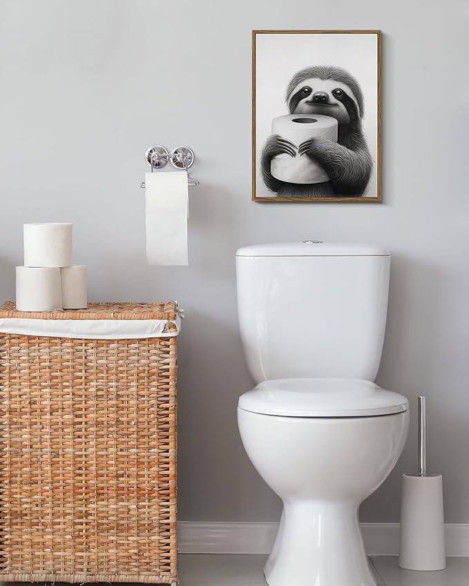 VIYYIEA Framed Canvas Wall Art Home Decor Sloth Wall Art Canvas Prints, Vintage Home Decoration, Animas Painting Picture, Bathroom Wall Decor Gifts for Friends or Family - 16L x 12W