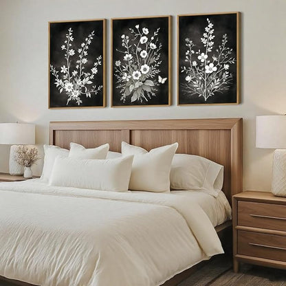 BINCUE Framed Black and White Floral Wall Art Set of 3 Botanical Wall Decor Flower Painting for Living Room Bedroom Office 16x24 Inches