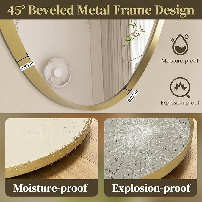 48" Round LED Bathroom Mirror, Wall Mounted Round Backlit Mirror LED Bathroom Vanity Mirror with Light Fog Free Circle Lighted Mirror with Shiny Gold Frame, Smart Light up Mirror 3-Color