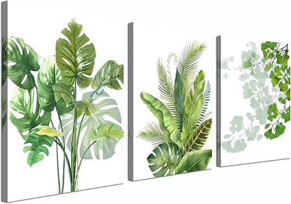 Enartly Green Leaf Wall Art Nature Plants Canvas Minimalist Leaves Prints Botanical Picture Tropical Floral Painting Artwork Framed for Bathroom Living Room Bedroom Office Home Decor 12"x16"x3