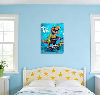 16x24 Graffiti Blue Skateboard T-Rex Dinosaur Canvas Wall Art Prints, Framed Watercolor Animal Pop Cool Painting, Funny Kids & Teen Boy Bedroom Decor, Home Bathroom Living Room Wall Poster Gift