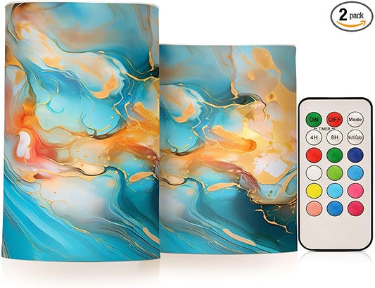 ALAZA Orange Teal Blue Marble Flickering Flameless Candles Battery Operated with Remote Timer,Tea Light Candles LED Pillar Votive Candles Set of 2 for Outdoor Indoor Decorations