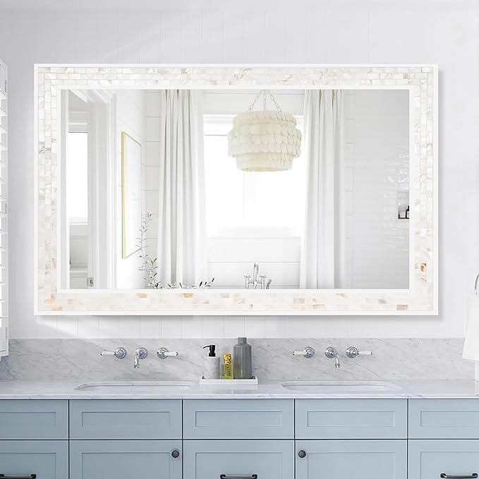 Tanmicoshomy 24 x 47 Inch White Rectangle Wall Mirror, Natual Shell Framed Rectangle Bathroom Mirrors with Tempered Glass for Bedroom Living Room or Entryway, Horizontal or Vertical Hanging
