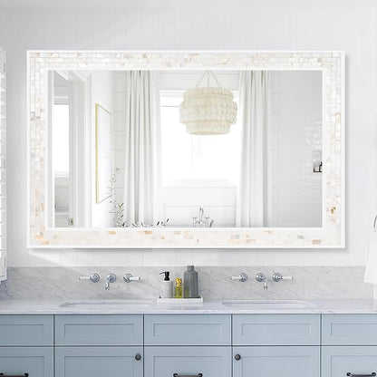 Tanmicoshomy 24 x 47 Inch White Rectangle Wall Mirror, Natual Shell Framed Rectangle Bathroom Mirrors with Tempered Glass for Bedroom Living Room or Entryway, Horizontal or Vertical Hanging