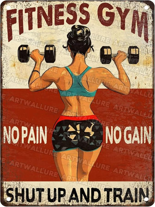 Fitness Gym Vintage Tin Sign No Pain No Gain And Train Metal Tin Signs Funny Weightlifting Workout Decor Gym Poster Room Wall Art 12x16inch