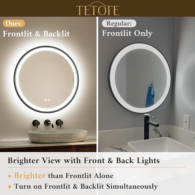 TETOTE Round Led Lighted Bathroom Mirror Matte Black Frame 36 Inch Front and Backlit Circle Round Light up Vanity Mirror with Lights, 3 Color Illuminated Dimmable Anti Fog Wall Mount, IP54 CRI 90+