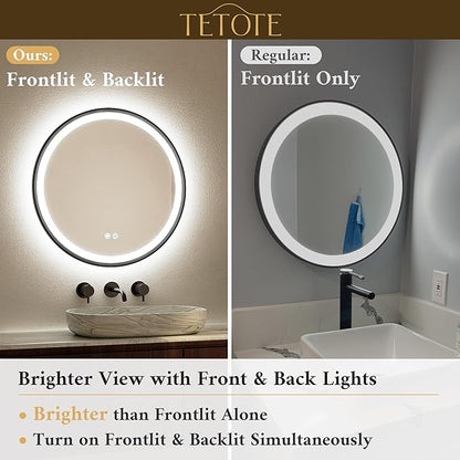 TETOTE Round Led Lighted Bathroom Mirror Matte Black Frame 36 Inch Front and Backlit Circle Round Light up Vanity Mirror with Lights, 3 Color Illuminated Dimmable Anti Fog Wall Mount, IP54 CRI 90+