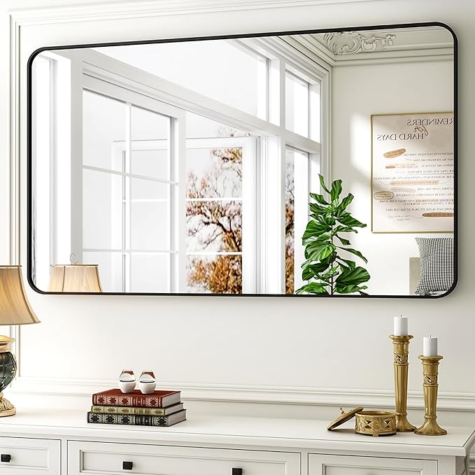 Easly 30 x 48 Inch Bathroom Mirror, Rounded Rectangular Vanity Mirror for Wall, Modern Mirror for Room Decor, Black Framed Wall-Mounted Mirrors for Home Decor, Hangs Horizontally or Vertically