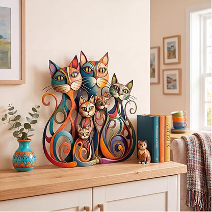 Wesiti Cat Wall Art Decor Iron Wall Sculptures Decor for Cats Lover 10.6 x 15.7 Inches Colorful Retro Mid Century Cat Signs for Home Living Room Bedroom Kitchen Office (Charming)