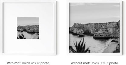 HAUS AND HUES 8x8 White Metal Picture Frames Matted to 4x4 - Features Premium Aluminum, Shatterproof Plexiglass - Ideal for Home, Room, Office (8x8 in, White, Set of 4)