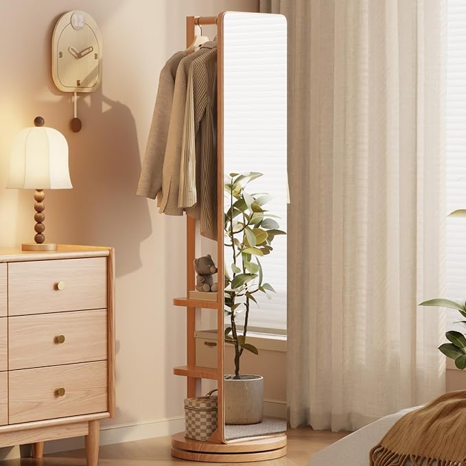 WoodsWhisper Full Length Mirror Coat Rack Solid Wood Floor Mirror 66"x12" Full Length Mirror with Stand Long Mirrors for Bedroom,Living Room (Natural, 66" Lx12 W)