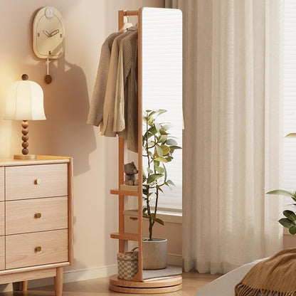 WoodsWhisper Full Length Mirror Coat Rack Solid Wood Floor Mirror 66"x12" Full Length Mirror with Stand Long Mirrors for Bedroom,Living Room (Natural, 66" Lx12 W)