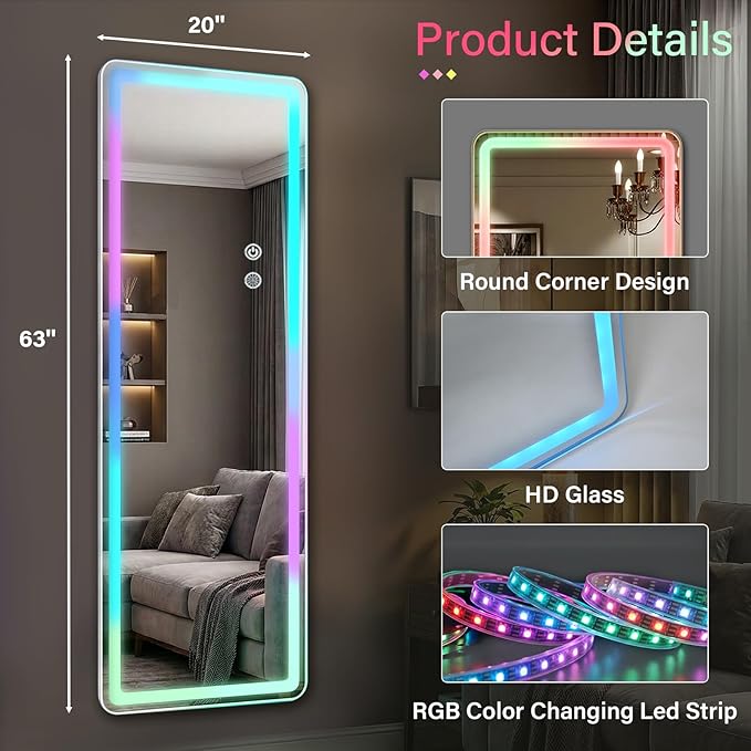 RGB LED Full Length Mirror, 63"x20" Floor Full Body Standing Mirror with 7-Color Changing RGB Lights with Remote & Touch Control, Dimmable Lighted for Gaming Room, Living Room