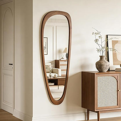 Ruomeng Full Length Irregular Wall Mirror, 60 x 22 Inch Wooden Mirror, Boho Large Decorative Asymmetrical Mirror for Bathroom, Living Room, Bedroom, Entryway, Farmhouse, Tempered Glass, Shatterproof