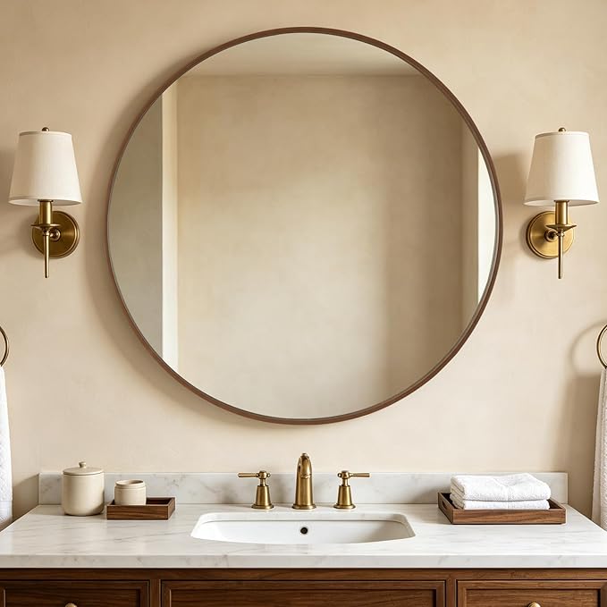 WallBeyond Round Wood Mirror, 40" Round Modern Decoration Large Circle Wall Mirror for Bathroom Living Room Bedroom Entryway, Walnut