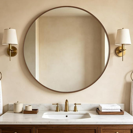 WallBeyond Round Wood Mirror, 40" Round Modern Decoration Large Circle Wall Mirror for Bathroom Living Room Bedroom Entryway, Walnut