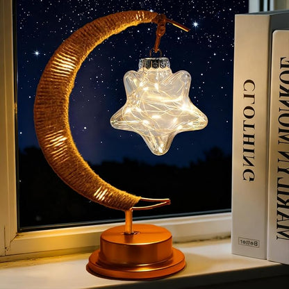 Crescent Moon Table Light with Hanging Star Ramadan Decorative Atmosphere Lamp Battery Operated Suitable for Home Bedroom Shop Party Decoration (HGmoon-WW-Star)
