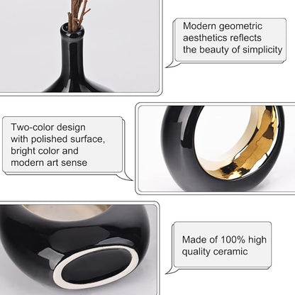 Black and Gold Vase Ceramic Black Vases Home Decor,Modern Minimalist Circle with Hole Decorative Vase, Hollow Ellipse Flower vases for Bookshelf, Fireplace Mantle, Centerpieces,Farmhouse,Rustic Décor