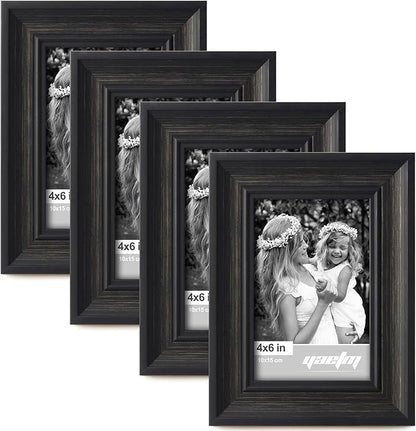 Yaetm Black 4x6 Picture Frame Set of 4, 1.4” Wide Molding & Distressed Black Photo Frames with HD Tempered Glass, Display on Tabletop & Wall Mounting