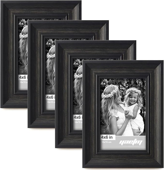 Yaetm Black 4x6 Picture Frame Set of 4, 1.4” Wide Molding & Distressed Black Photo Frames with HD Tempered Glass, Display on Tabletop & Wall Mounting