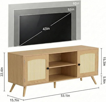 holzart Mid Century Modern Rattan TV Stand for 55/60 Inch TV - 53" Boho Media Console Table with Cane Doors & Open Shelves, Oak Wood Finish Entertainment Center for Living Room, Hallway, Entryway