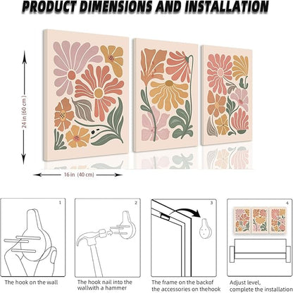 TBKHUDBI Boho Flower Canvas Wall Art Abstract Floral Pictures Prints Set of 3 Minimalist Botanical Painting Poster Flower Market Aesthetic Wall Decor for Living room Bedroom 16"x24" Framed