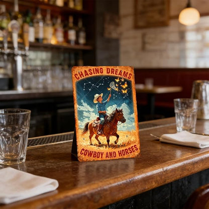 Cowboy and Horses Sign Cowboy Vintage Tin Sign Chasing Dreams Metal Poster Home Farmhouse Wall Decor 16x12 Inch