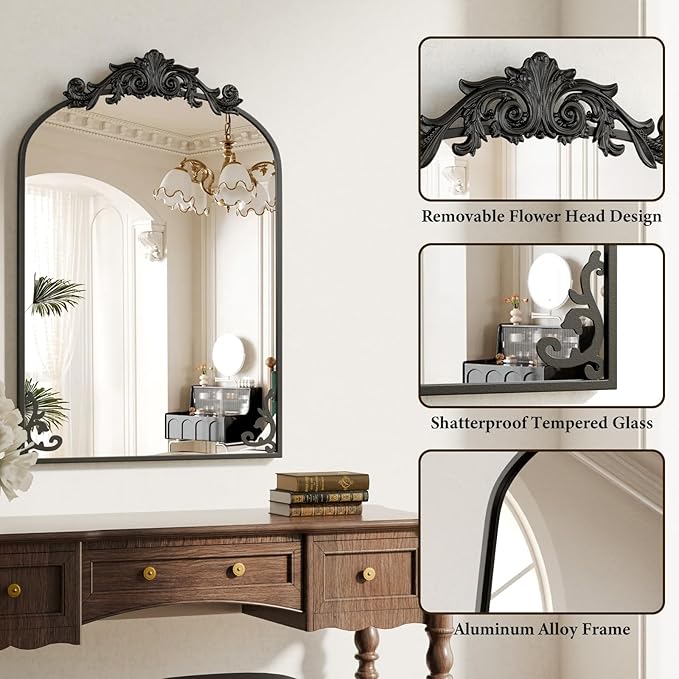 Koonmi Vintage Mirror, 24x36 Antique Barolon Bathroom Mirror for Wall,Flower Head, Shatter-Proof Tempered Glass, Arched Ornate Mirrors for Bedroom Bathroom Entryway Fireplace Hallway