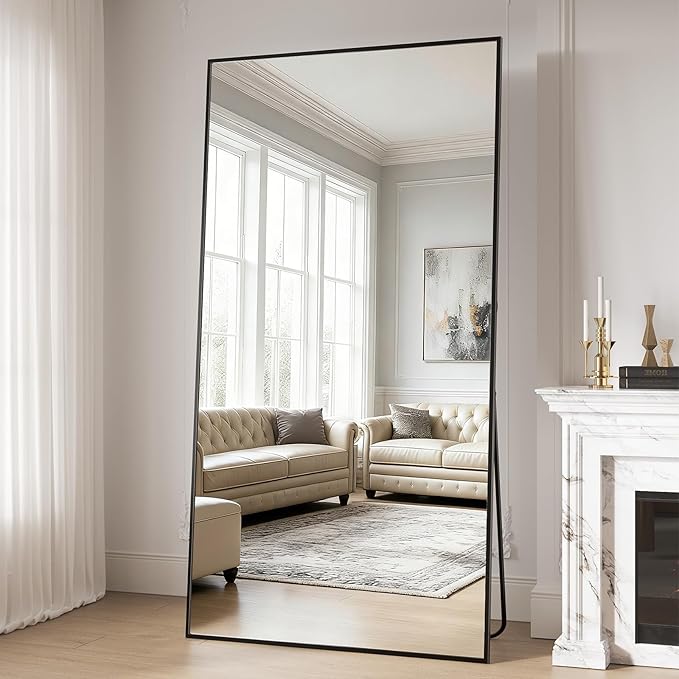 Full Length Mirror, 76"x34" Large Floor Mirror with Stand, Tall Full Body Mirrors for Bedroom, Hanging Mounted for Living Room Cloakroom, Aluminum Alloy Frame, Black