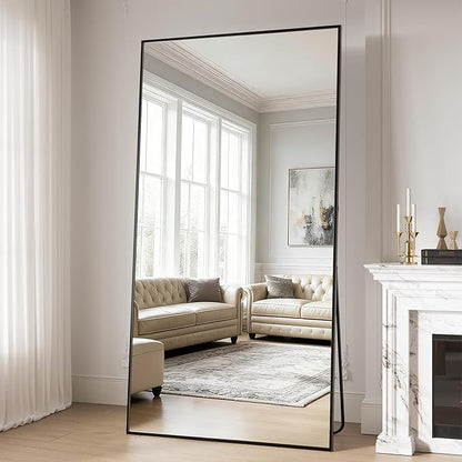 Full Length Mirror, 76"x34" Large Floor Mirror with Stand, Tall Full Body Mirrors for Bedroom, Hanging Mounted for Living Room Cloakroom, Aluminum Alloy Frame, Black