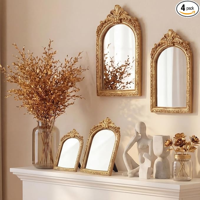 Thyle 4 Pcs Vintage Mirror Set Gold Antique Makeup Mirror Arch Retro Resin Baroque Decorative Wall Square Hanging Desk Tabletop Room Bedroom Bathroom Gallery (13x9 10x7 8x5 7x4)(Light Color)